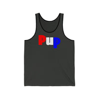 Pup all gender Jersey Tank with available contrast ringer design.