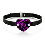 "be queer" queer Leather Bracelet (black and pink all over print)