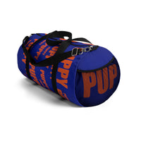 custom puppy Duffle Bag "PUP" dark blue and dark orange version three