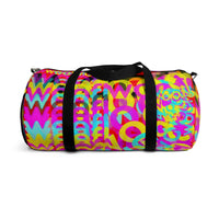 CMYK woof! duffle bag on red background.