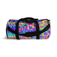 Copy of CMYK woof! duffle bag on blue background.