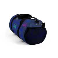 custom daddy Duffle Bag blue on blue daddy script grid with pops of color