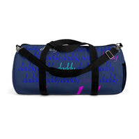 custom daddy Duffle Bag blue on blue daddy script grid with pops of color
