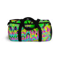 CMYK woof! duffle bag on neon green background.