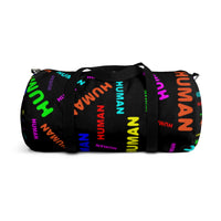 "be human" human Duffle Bag (bright rainbow and black all over print)