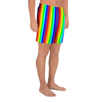 rainbow candy stripe men's athletic long shorts - stay curious, be wonderful. and life is art in pink.