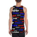 Pup puppy supper woof All-Over Print all gender Tank Top red white and blue on black background