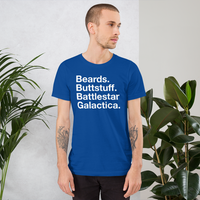 Beards. Buttstuff. BSG. all gender T-Shirt white ink