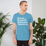 Beards. Buttstuff. BSG. all gender T-Shirt white ink