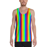 rainbow candy stripe all over print tank top stay curious, be wonderful. in pink. be human pink and white on back.