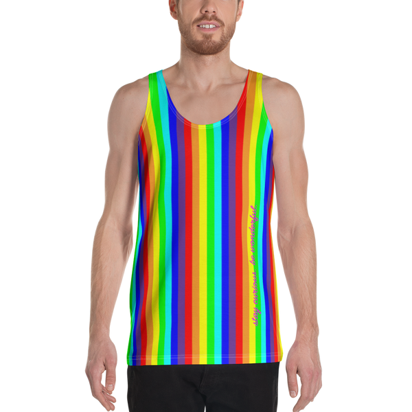 rainbow candy stripe all over print tank top stay curious, be wonderful. in pink. be human pink and white on back.
