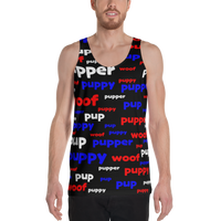 Pup puppy supper woof All-Over Print all gender Tank Top red white and blue on black background
